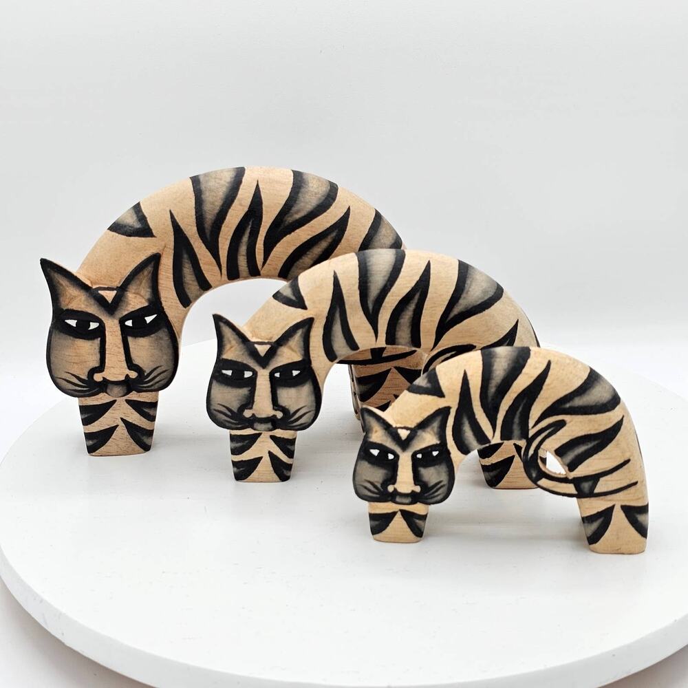 Vintage Hand Painted Carved Wooden Cat Trio Striped Folk Art Figurines